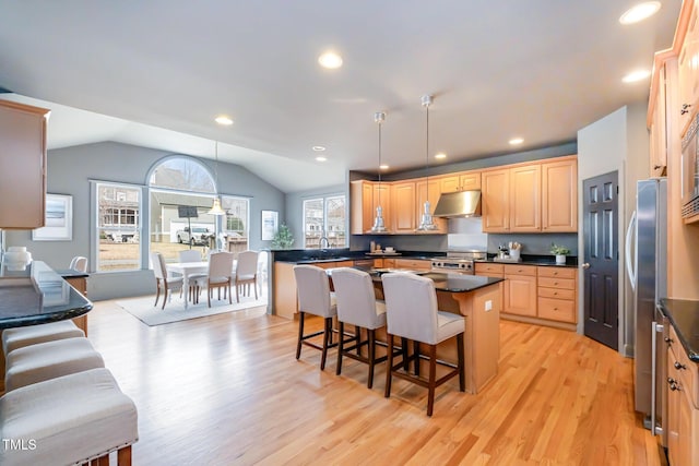 kitchen featuring a breakfast bar area, stainless steel appliances, dark countertops, light wood-style flooring, and under cabinet range hood