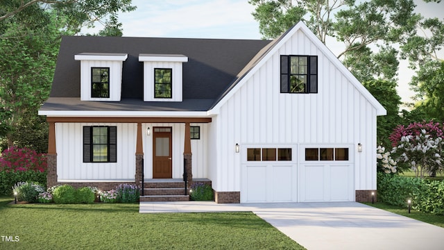 modern farmhouse style home with a front yard and a garage