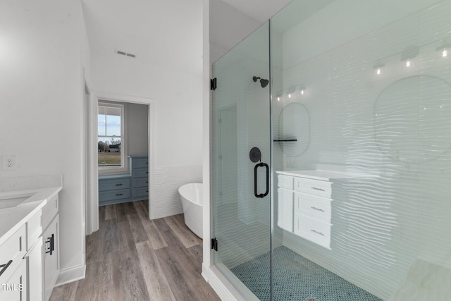 bathroom featuring vanity, wood-type flooring, and plus walk in shower