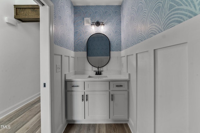 bathroom with vanity and wood-type flooring