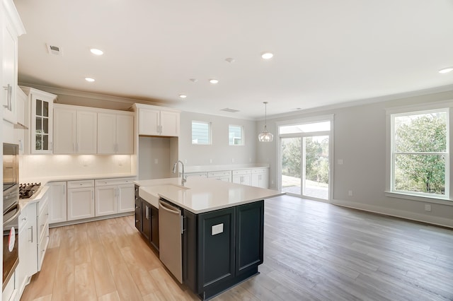 kitchen with appliances with stainless steel finishes, a wealth of natural light, an island with sink, and hanging light fixtures