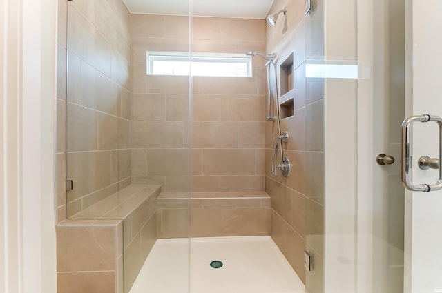 bathroom featuring a shower with shower door