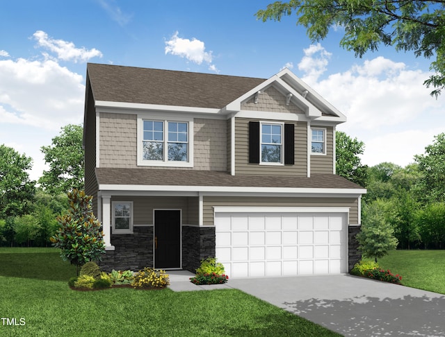 craftsman inspired home featuring a front yard and a garage