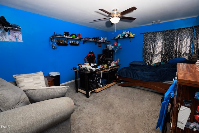 carpeted bedroom with ceiling fan