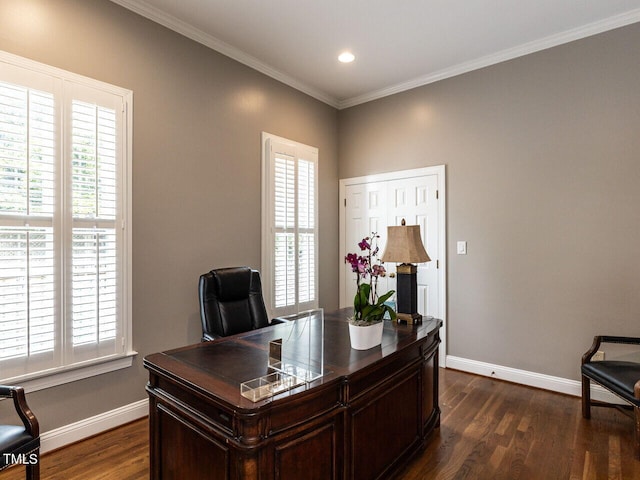 home office with ornamental molding, dark hardwood / wood-style floors, and a healthy amount of sunlight