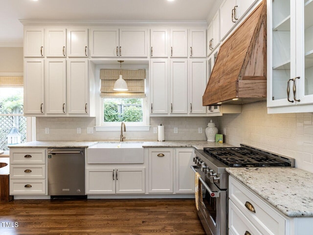 kitchen with white cabinets, custom exhaust hood, dark hardwood / wood-style floors, and appliances with stainless steel finishes