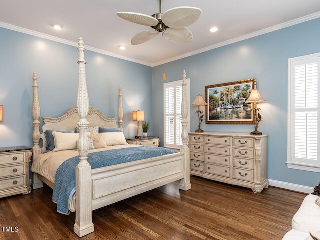 bedroom with ceiling fan, ornamental molding, and dark wood-type flooring