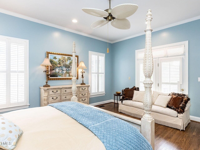 bedroom featuring ceiling fan, crown molding, and dark hardwood / wood-style floors