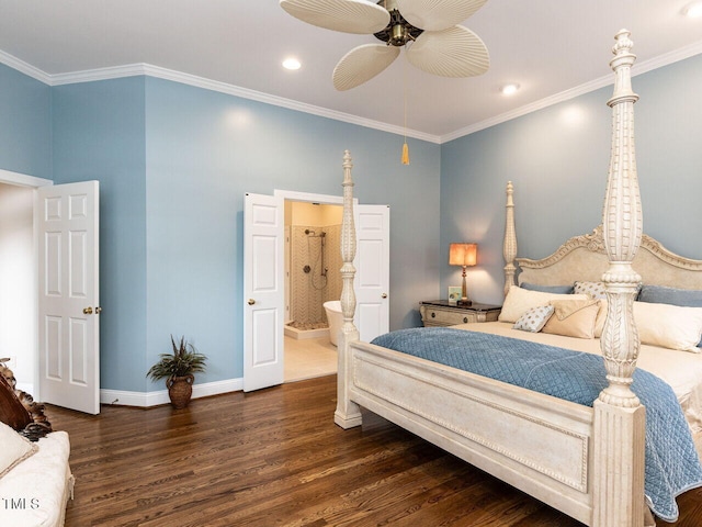 bedroom with dark hardwood / wood-style floors, ceiling fan, crown molding, and ensuite bathroom