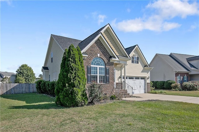 view of front of house with concrete driveway, an attached garage, fence, a front lawn, and brick siding