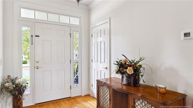 foyer featuring crown molding, a healthy amount of sunlight, and light hardwood / wood-style flooring