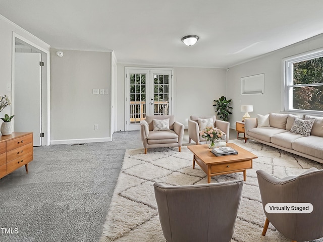 living room with french doors and carpet floors