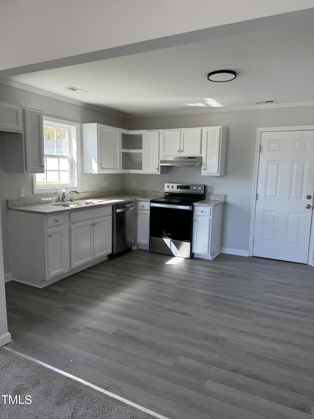 913 Greenleaf St, Goldsboro, NC 27530 - kitchen with stainless steel appliances, under cabinet range hood, a sink, baseboards, and crown molding