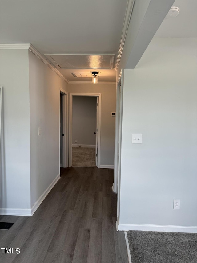 913 Greenleaf St, Goldsboro, NC 27530 - hallway with attic access, ornamental molding, wood finished floors, and baseboards