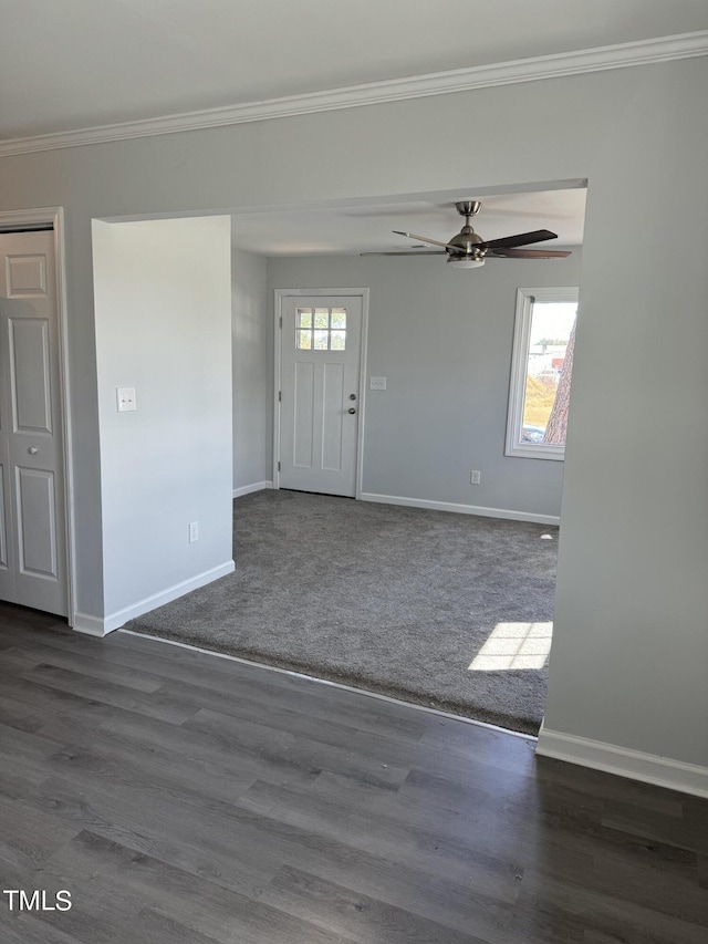 913 Greenleaf St, Goldsboro, NC 27530 - entryway with a ceiling fan, baseboards, crown molding, and dark wood finished floors
