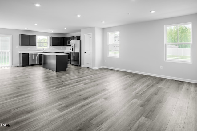 kitchen with light hardwood / wood-style floors, appliances with stainless steel finishes, a center island, and plenty of natural light