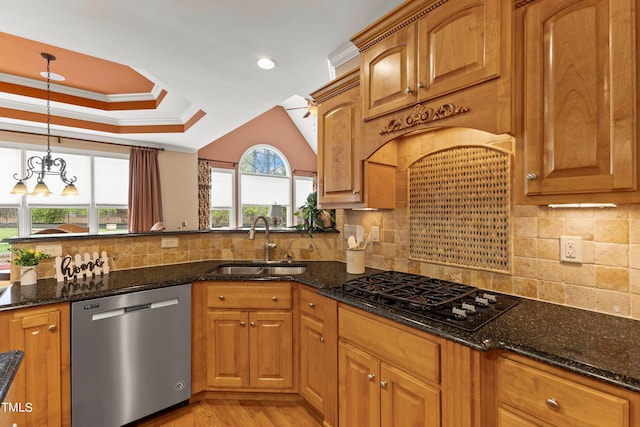 kitchen featuring tasteful backsplash, sink, ceiling fan, black gas cooktop, and stainless steel dishwasher