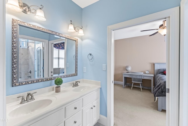 bathroom featuring vanity and ceiling fan