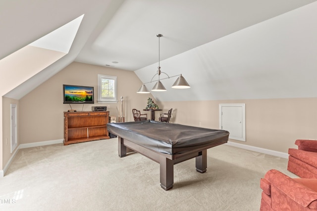 recreation room featuring lofted ceiling, light colored carpet, and billiards