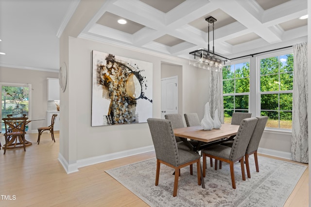 dining space featuring light hardwood / wood-style floors, ornamental molding, beam ceiling, and coffered ceiling