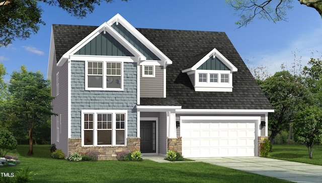 view of front of home with a front lawn and a garage