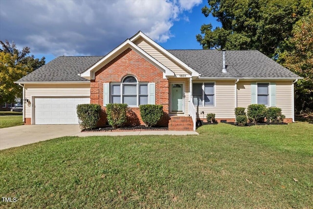 single story home with a garage and a front lawn