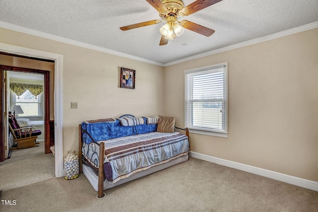2554 Davis Mill Rd, Fremont, NC 27830 - carpeted bedroom with multiple windows, a textured ceiling, crown molding, baseboards, and ceiling fan