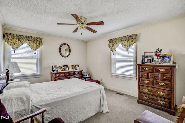 2554 Davis Mill Rd, Fremont, NC 27830 - bedroom featuring multiple windows, carpet floors, ornamental molding, a textured ceiling, and baseboards