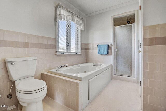 2554 Davis Mill Rd, Fremont, NC 27830 - full bath featuring tile walls, ornamental molding, a shower stall, a jetted tub, and toilet