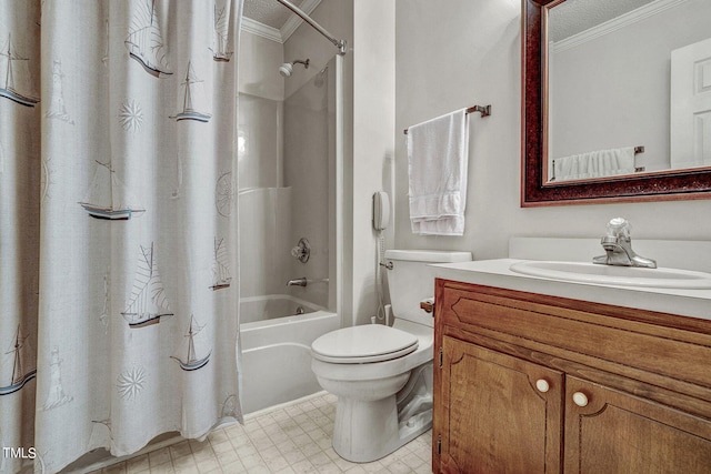 2554 Davis Mill Rd, Fremont, NC 27830 - bathroom with ornamental molding, toilet, vanity, and shower / bath combination with curtain