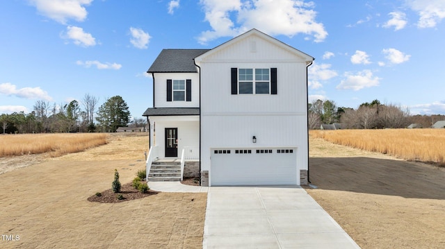 view of front of home featuring concrete driveway, stone siding, an attached garage, and a shingled roof