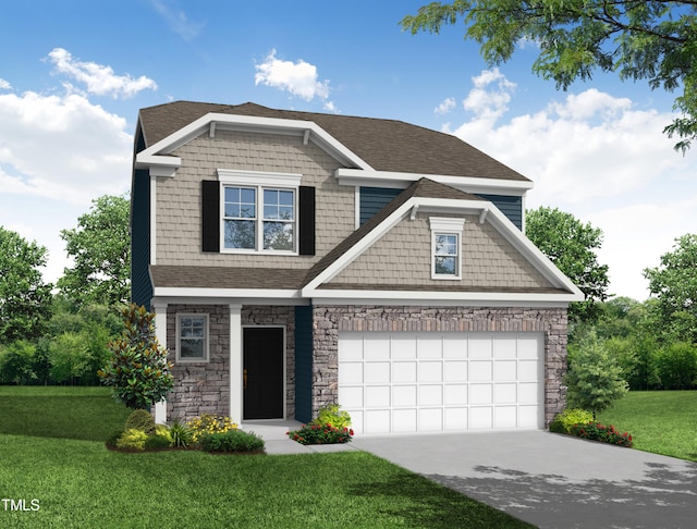 craftsman house featuring a front yard and a garage