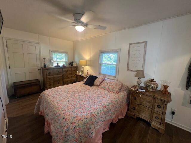 bedroom featuring ceiling fan, multiple windows, and dark hardwood / wood-style flooring