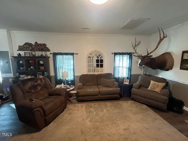 living room with wood-type flooring and ornamental molding