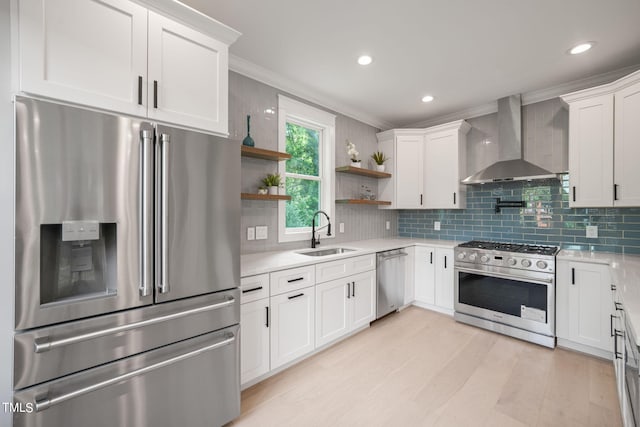 kitchen featuring white cabinetry, sink, wall chimney exhaust hood, and stainless steel appliances