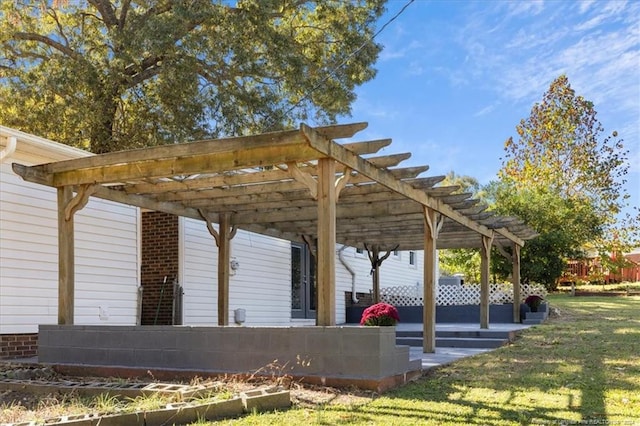 view of home's community with a pergola, a patio, and a yard