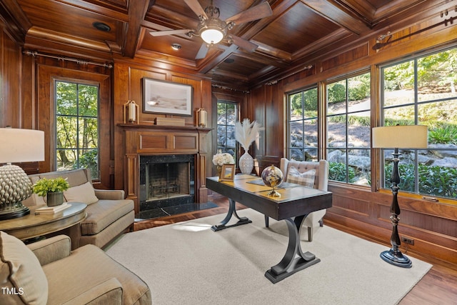 office space featuring light hardwood / wood-style flooring, a wealth of natural light, and wooden walls