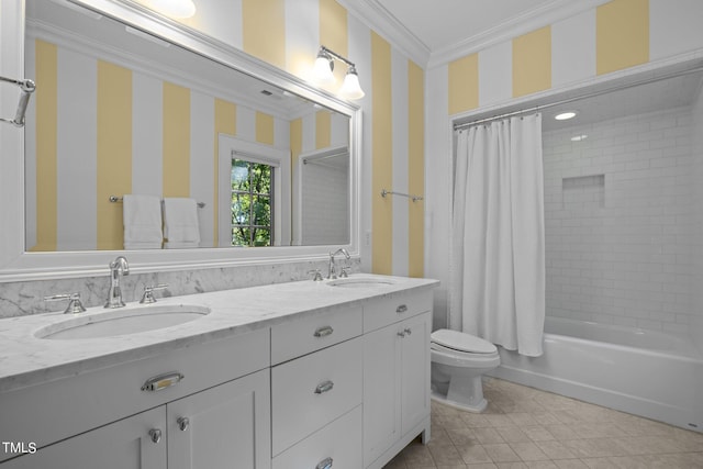 full bathroom featuring shower / tub combo, toilet, vanity, crown molding, and tile patterned flooring