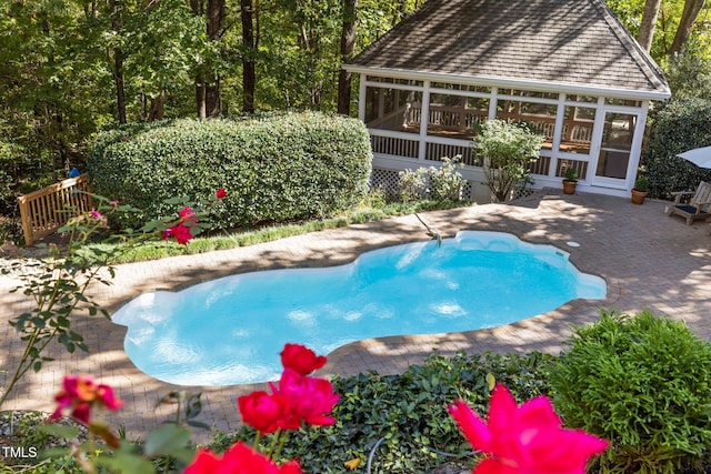 view of swimming pool with a patio area and a sunroom