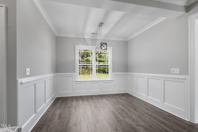 unfurnished dining area featuring ornamental molding and dark hardwood / wood-style floors