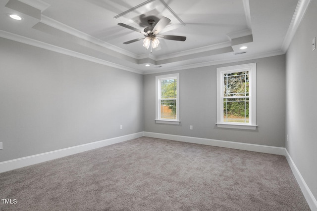 empty room with ceiling fan, ornamental molding, carpet flooring, and a tray ceiling