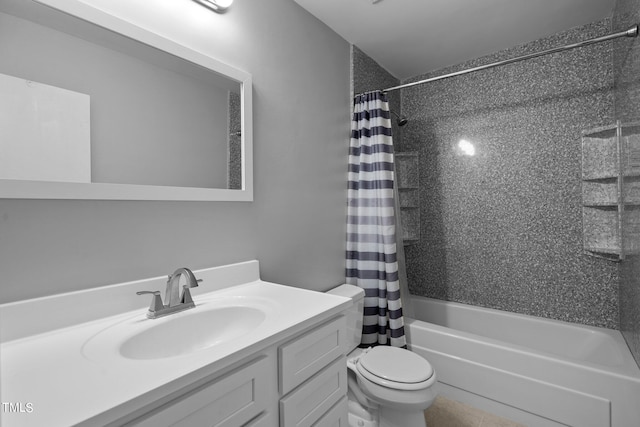 full bathroom with vanity, shower / tub combo with curtain, toilet, and tile patterned flooring