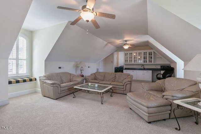 11270 Old Bailey Hwy, Wilson, NC 27896 - living room featuring ceiling fan, light colored carpet, and vaulted ceiling