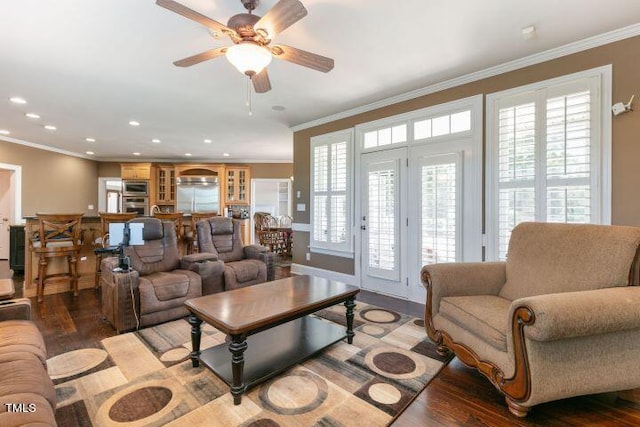 11270 Old Bailey Hwy, Wilson, NC 27896 - living room featuring wood finished floors, crown molding, ceiling fan, and recessed lighting