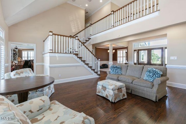 11270 Old Bailey Hwy, Wilson, NC 27896 - living room with a high ceiling, wood finished floors, stairs, and a ceiling fan