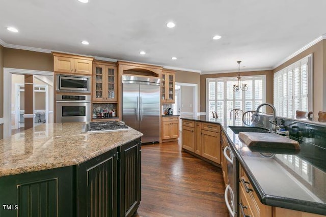 kitchen featuring a large island with sink, built in appliances, decorative light fixtures, and dark hardwood / wood-style floors