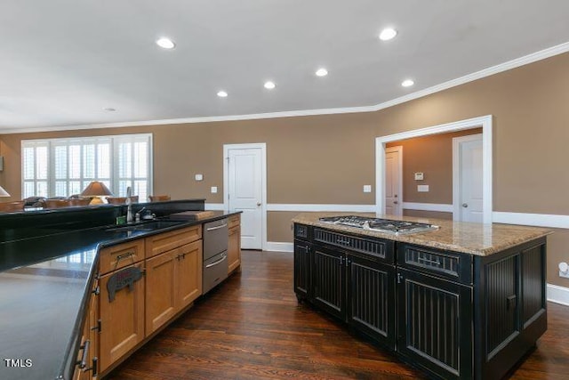 11270 Old Bailey Hwy, Wilson, NC 27896 - kitchen with stainless steel appliances, ornamental molding, dark cabinets, dark wood-style flooring, and recessed lighting