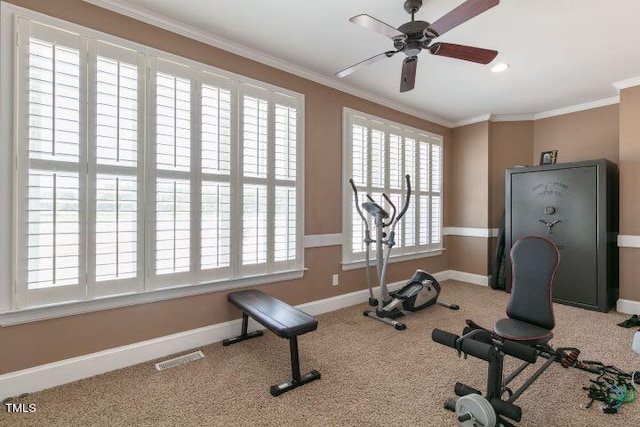 exercise area with ceiling fan, crown molding, carpet flooring, and a wealth of natural light