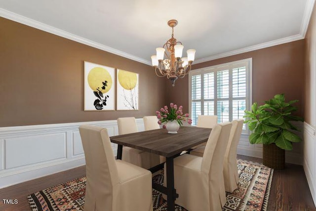 11270 Old Bailey Hwy, Wilson, NC 27896 - dining area with a chandelier, ornamental molding, wood finished floors, and wainscoting