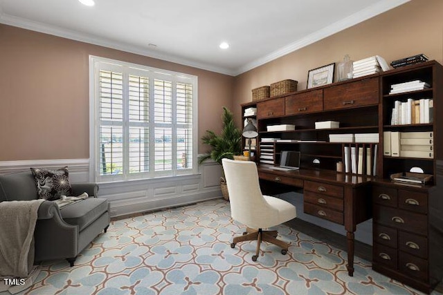 11270 Old Bailey Hwy, Wilson, NC 27896 - office with recessed lighting, a wainscoted wall, and ornamental molding